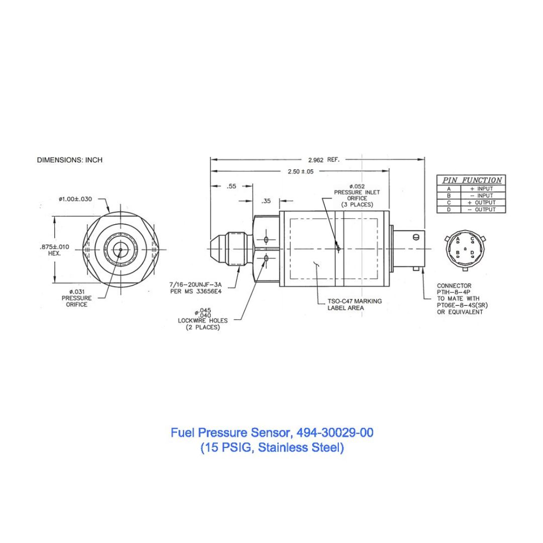 494-30029-00	Fuel Pressure Xducer,15PSIG, 50mV Output