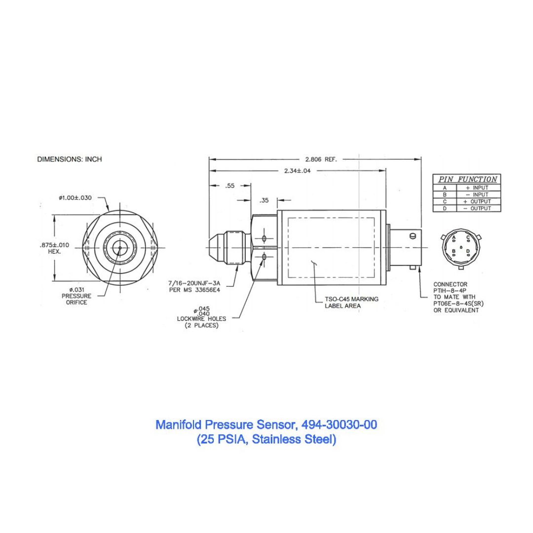 494-30030-00	Manifold Pressure Xducer,25PSIA,50mV Output