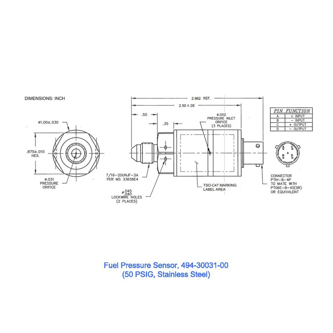 494-30031-00	Fuel Pressure Xducer,50PSIG,50mV Output