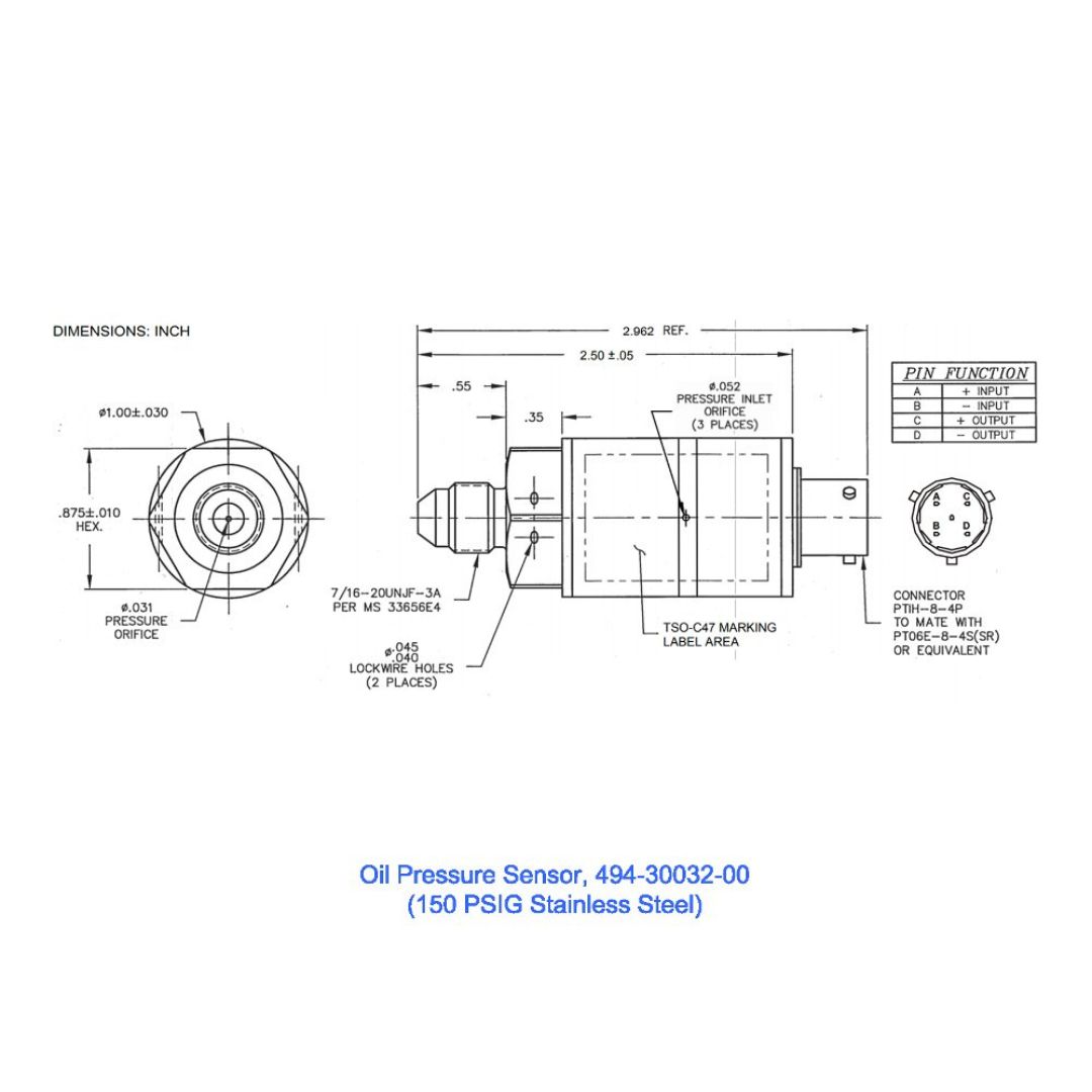 494-30032-00	Oil Pressure Xducer,150PSIG,50mV Output